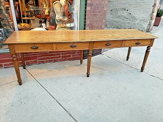 Victorian Antique 8 foot Oak Harvest library table with 6 legs & 4 drawers 3