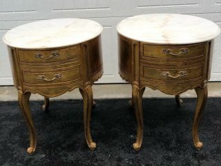 Two Weiman Oval End Side Tables W/portuguese Marble Top & Drawer