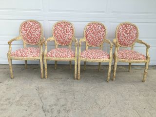 Vintage Set Of 4 Faux Bois Branch Form Carved Wood Upholstered Arm Chairs