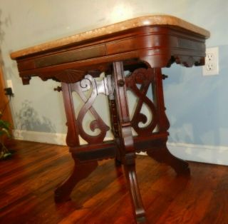 Victorian Walnut Brown Tennessee Marble Top Table Side Hall Console Eastlake 2