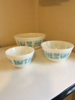 Vintage Pyrex Amish Butterprint Turquoise On White Bowl Set Of 3 - 401 402 404