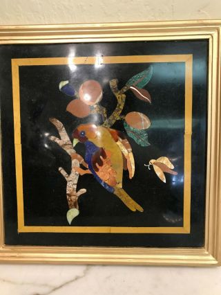 Pietra Dura Mosaic Plaque - Bird On Fruit Tree,  Framed In Gilded Frame