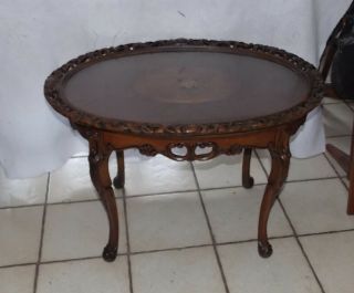 Mahogany Marquetry Inlaid Glass Top Coffee Table With Serving Tray (ct16)