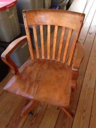 Vtg Antique Gunlocke Style Solid Honey Maple Wood Bankers Office Swivel Chair