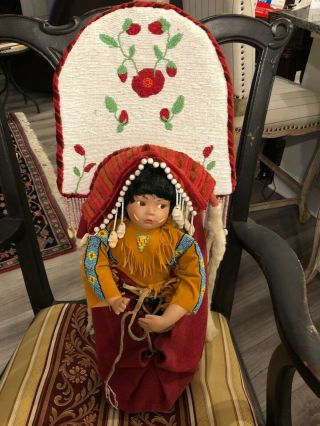 Vtg Native American Indian Doll Baby Papoose Cradle Board Handmade Artist Signed