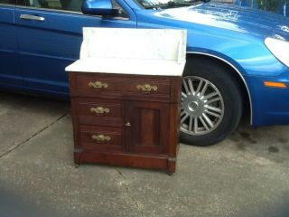 Victorian Marble top Walnut Washstand or Commode as found owl hardware 2