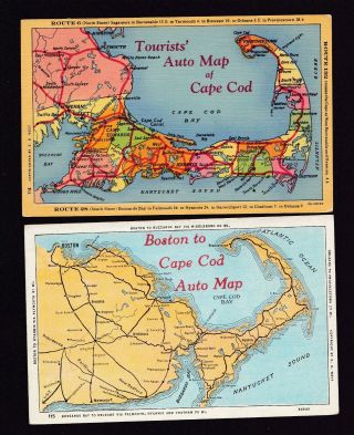 2 Old Vintage Map Postcards Of Tourist Cape Cod Auto Maps Etc