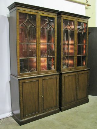 Pair Kittinger Mahogany Illuminated Cabinets; Georgian Gothic Arch Doors