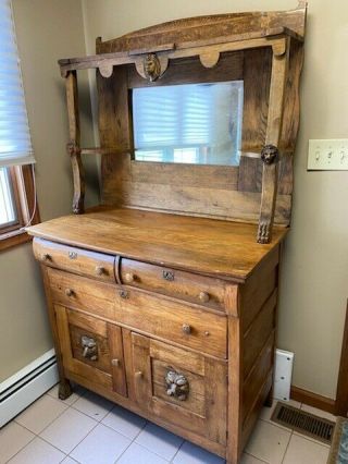 Antique Solid Oak Hoosier/breakfront Cabinet - W Mirror - Pick Up
