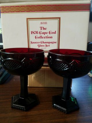 Vintage Avon Ruby Red 1876 Cape Cod Saucer Champagne Glasses - Set Of 2 W/box