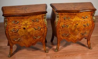 1910 Antique French Louis Xv Walnut & Satinwood Inlay Nightstands Bedside Tables