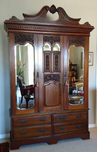 Late 19thc French Mahogany Wardrobe/armoire W/inlay,  Carvings,  Bevelled Mirrors