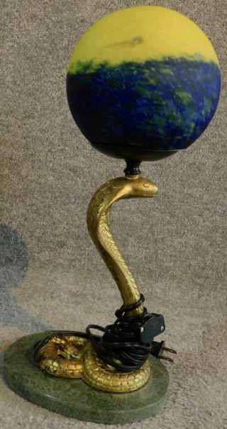 Art Deco Gilded Bronze Cobra Lamp With Blown Glass Globe Shade
