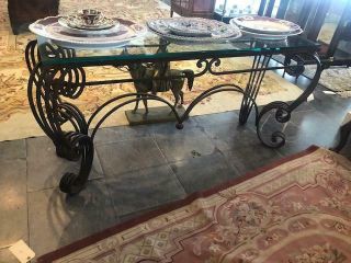 Large Vintage Rococo Style Wrought Iron and Glass Patio Console or Hall Table 2