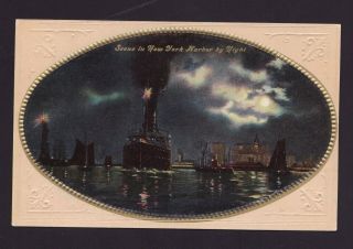 Old Vintage Postcard Of Scene In York Ny Harbor By Night Nyc