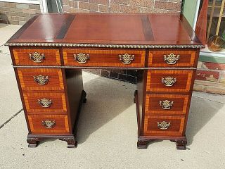 Chippendale Antique Mahogany Inlay Leather Top 9 Drawer Knee Hole Desk