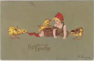 Vintage Easter Greetings Girl With Egg Chicks W.  Langner Artist Signed Postcard