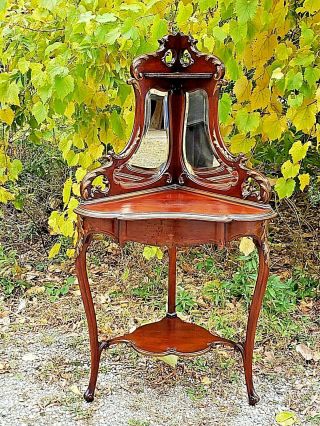 Victorian Rare Antique Ornate Mahogany Corner Commode Wash Stand With Mirrors
