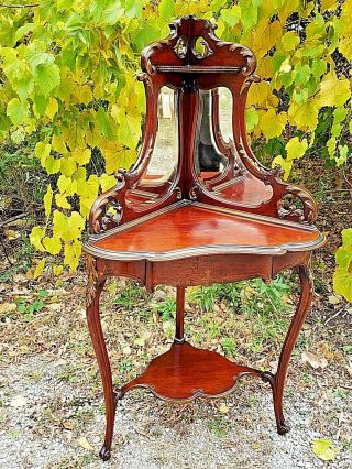 Victorian rare antique ornate Mahogany corner commode wash stand with mirrors 2