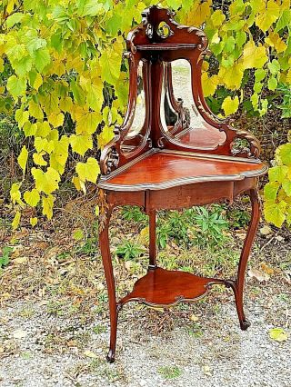 Victorian rare antique ornate Mahogany corner commode wash stand with mirrors 5