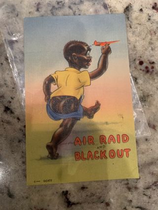 Vintage Black Americana Postcard Child Air Raid And Blackout Boy