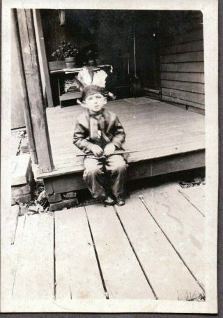 Vintage Photograph 1930 Little Boy Indian Costume Toy Gun Detroit Michigan Photo