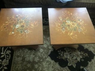 Pair (2) L.  Hitchcock Stenciled Top Hard Rock Maple Lamp/side Table