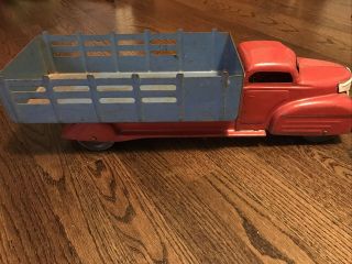 Rare Vintage Pressed Steel Stamped Metal Stake Truck Marx Toy Red/blue 1930s 20”