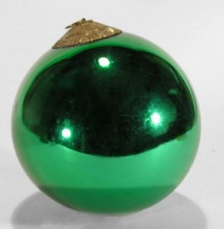 Antique Kugel Heavy Green Glass Christmas Ornament Brass Top 8” Vintage Old