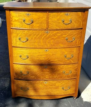Antique Vintage Dresser Tiger Oak Wood 6 Drawer Highboy Chest