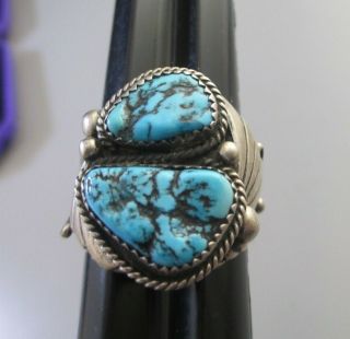 Vintage Sterling Silver Turquoise Navajo Ring Large Sz 12.  5 Signed Bb Old Pawn