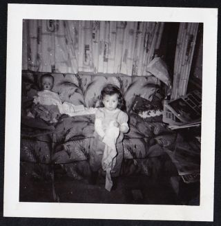 Vintage Antique Photograph Little Girl With Blanket And Doll On Retro Couch