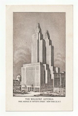 1930s Vintage Art Deco Advertising Postcard - York City The Waldorf Astoria
