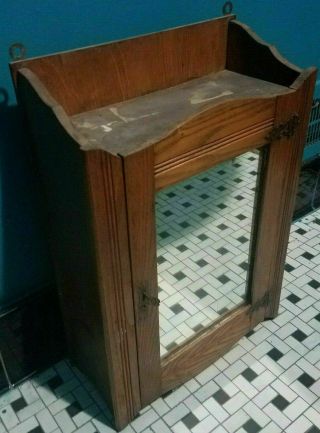 Small Antique Vintage Wood Medicine Bathroom Cabinet W/ Mirror & Key