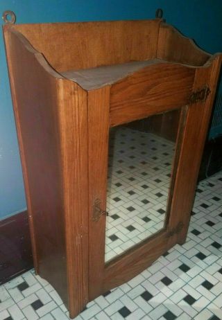 Small Antique Vintage Wood Medicine Bathroom Cabinet w/ Mirror & Key 2