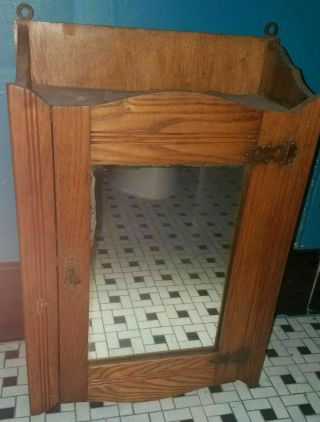 Small Antique Vintage Wood Medicine Bathroom Cabinet w/ Mirror & Key 3