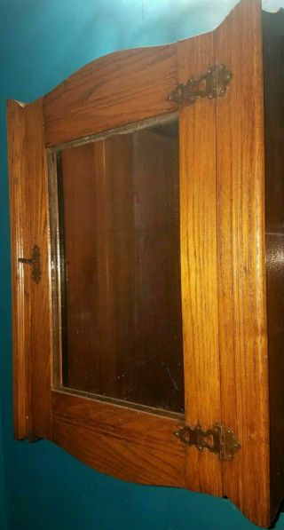 Small Antique Vintage Wood Medicine Bathroom Cabinet w/ Mirror & Key 5