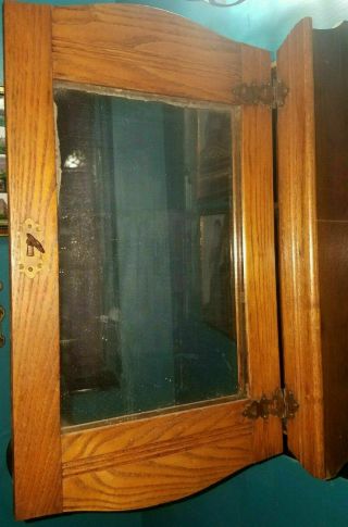 Small Antique Vintage Wood Medicine Bathroom Cabinet w/ Mirror & Key 6