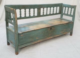 Rustic Antique Scandinavian Pine Storage Bench With Blue/green Paint