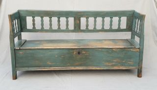 Rustic Antique Scandinavian Pine Storage Bench with Blue/Green Paint 2