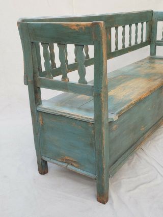 Rustic Antique Scandinavian Pine Storage Bench with Blue/Green Paint 3