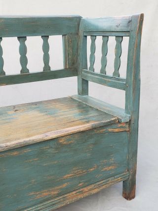Rustic Antique Scandinavian Pine Storage Bench with Blue/Green Paint 4