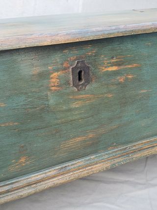 Rustic Antique Scandinavian Pine Storage Bench with Blue/Green Paint 5