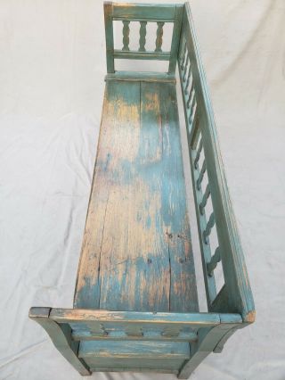 Rustic Antique Scandinavian Pine Storage Bench with Blue/Green Paint 6
