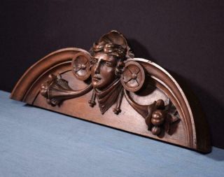 21 " French Antique Pediment/crest In Solid Walnut And Pine Wood With Face