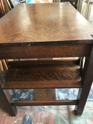 Stickley Brothers Arts and Craft Carved Oak desk with side shelves. 3