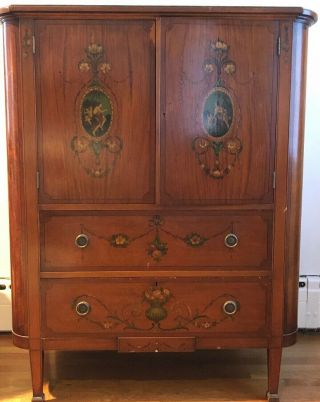 Antique Satinwood Regency Style Hand Painted Dresser Cabinet Bedroom Armoire Wow