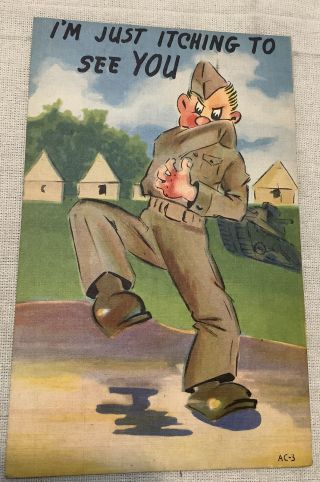 Vintage Comic Postcard I’m Itching To See You Military Soldier Tank Wwll 1942