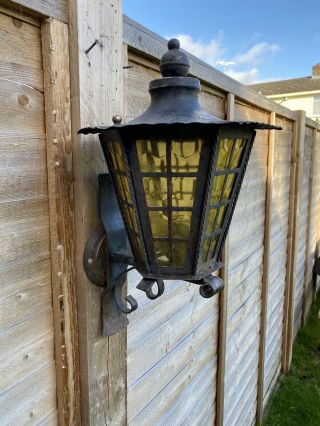 Vintage Large Outside Wall Coach Style Lantern Light Gothic Metal & Amber Glass