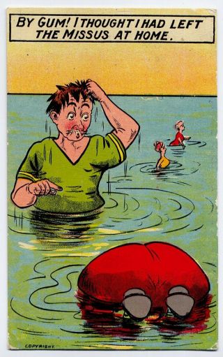 Man & Fat Woman In The Sea Vintage Comic Postcard - 1909